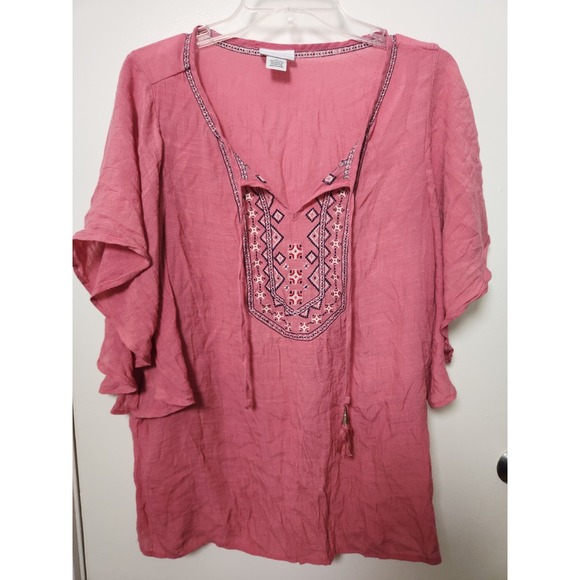 Liz Claiborne Rose Pink Embroidered Gauzy Tie Neck Flutter Sleeve Tunic Top XL - Picture 1 of 10